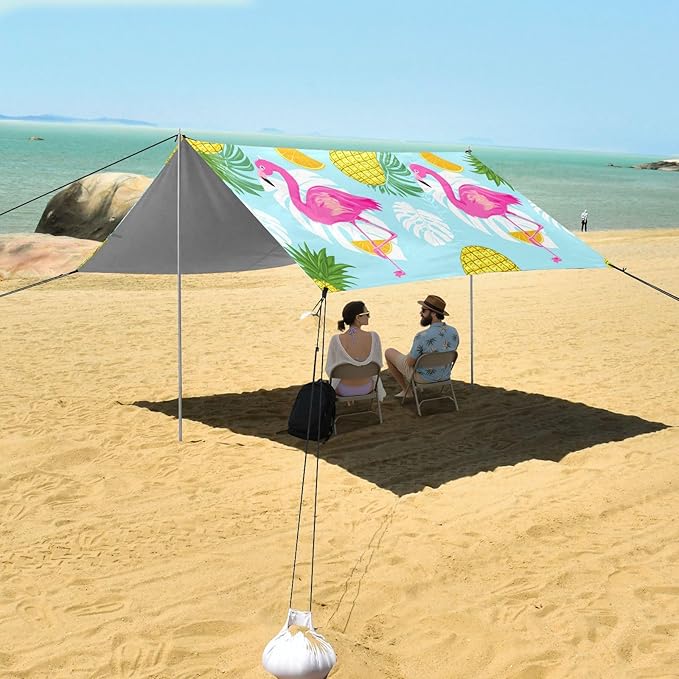 xigua Flamingos Beach Tent Sun Shelter with Carrying Bag - Silver Coated Oxford Fabric Beach Canopy for Beach Camping Fishing - Includes Windproof Ropes Sandbags &amp Stakes