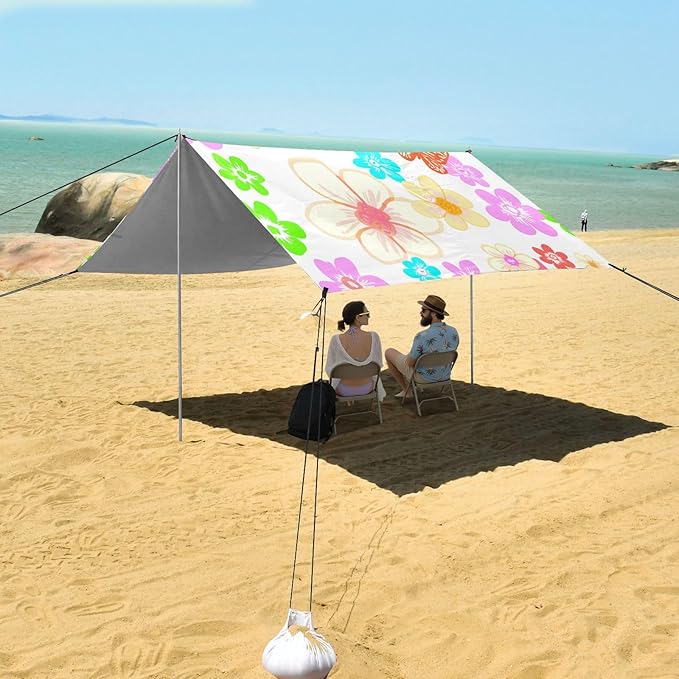 xigua Flowers and Butterflies Beach Tent Sun Shelter with Carrying Bag - Silver Coated Oxford Fabric Beach Canopy for Beach Camping Fishing - Includes Windproof Ropes Sandbags &amp Stakes