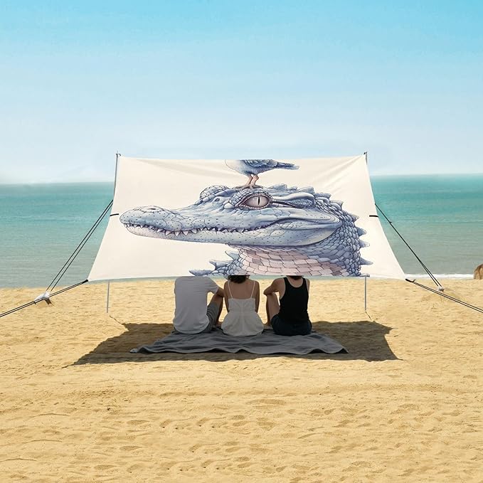 ALAZA Alligator and Bird Beach Tent Sun Shelter UPF50+ Protection Beach Shade Canopy w/ 4 Sandbags for Outdoor Camping Fishing Backyard Fun Picnic 10x9 ft