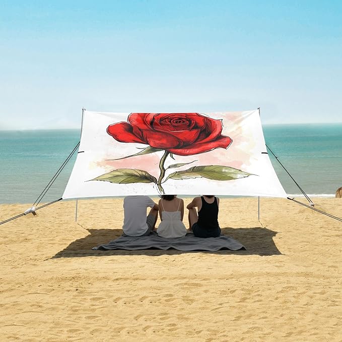 ALAZA Red Rose Flower Ink Beach Tent Sun Shelter UPF50+ Protection Beach Shade Canopy w/ 4 Sandbags for Outdoor Camping Fishing Backyard Fun Picnic 10x9 ft