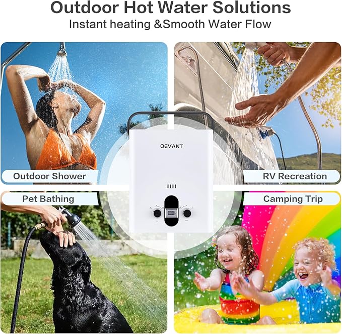Propane Water Heater 1.32 GPM 5L Portable Tankless Water Heater with Overheating Protection Upgrade Screw-free Back Shell Instant Hot Water for RV Camping Outdoor Shower (WHITE)