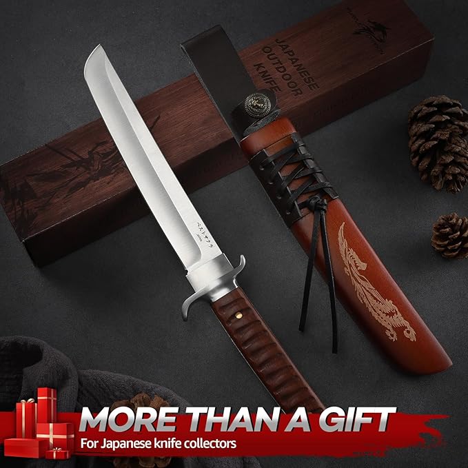 Purple Dragon Japanese Fixed Blade Knife with Engraved Sheath for Belt Tanto Knife D2 Steel Samurai Knives with Wooden Handle for Camping Outdoor Mini Katana Gifts for Men