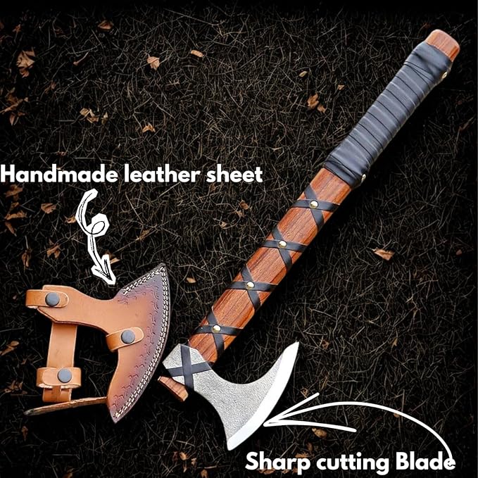 Viking Axe of Ragnar Lothbrok - Hand-Forged High Carbon Steel Sharp Blade with Rosewood Handle and Leather Sheath | Handmade Norse Bearded Axe for Hunting Camping | Vikings Hatchet Outdoor Axe