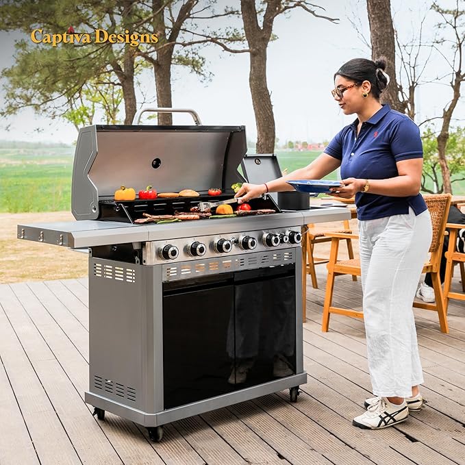 Captiva Designs 6-Burner Propane Gas BBQ Grill with Side Burner &amp Porcelain-Enameled Cast Iron Grate and Plate for Outdoor Barbucue Events 52000 BTU Output740 SQ.IN. Cooking AreaHeavy Duty
