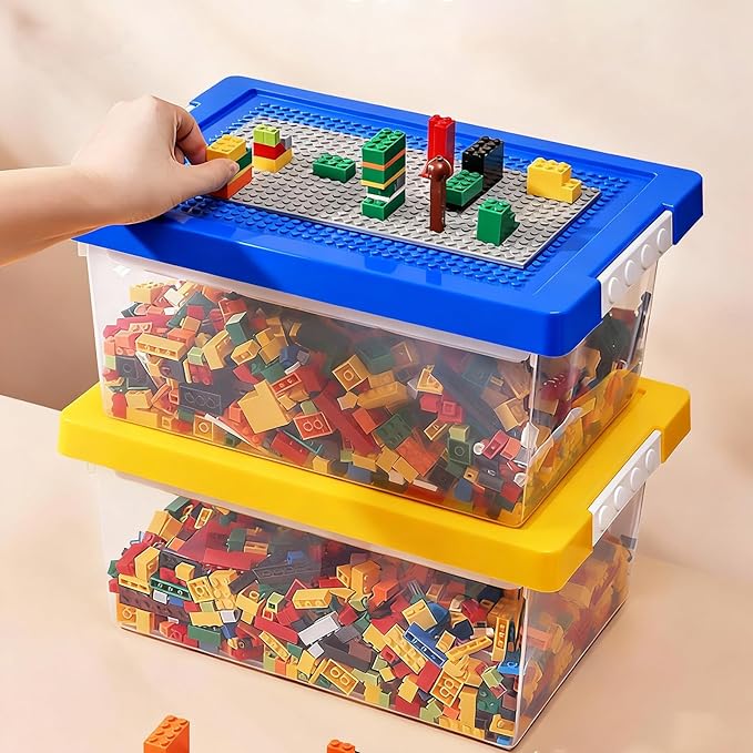 Toy Storage Organizer Bin for Lego Plastic Organizer Box with Removable Tray and Building Baseplate Lid Stackable Building Block Storage Craft Storage Container for Lego Art Toy Tool Sewing