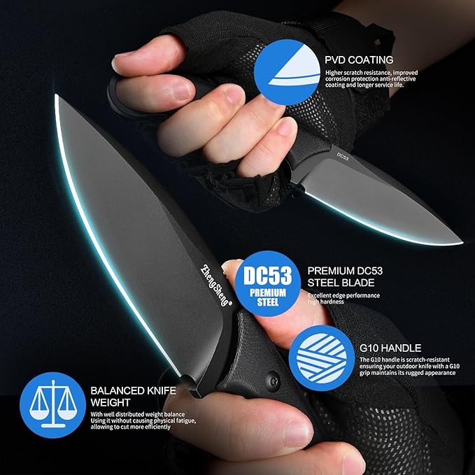 Fixed Blade Knife with Sheath 3.5” DC53 Steel blade with Black Titanium Coating and G10 Handle Full Tang Outdoor Camping Hiking Survival Knives for Men Women