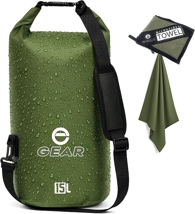 Enthusiast Gear Dry Bag 15L – Waterproof Floating Roll Top Dry Sack for Kayaking Boating Camping &amp Beach – Includes Quick Dry Microfiber Towel (Green)