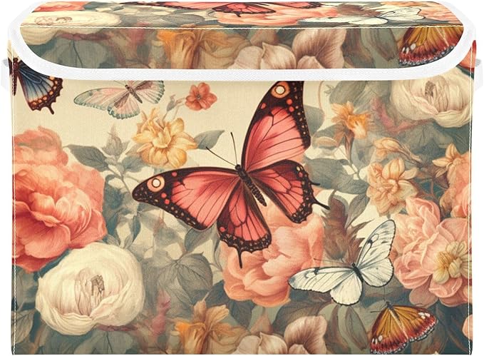Butterfly Garden Colorful Collapsible Storage Bins with Lids &amp Handles Foldable Storage Boxes Basket with Flip-Top Lid for Home Office 16.5” x 12.6” x 11.8”