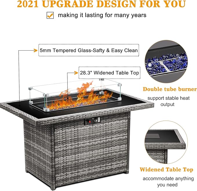 LayinSun 44 Propane Gas Fire Pit Table 55000 BTU Rectangular Fire Pit with Glass Wind Guard for Outside Patio Deck Garden Backyard