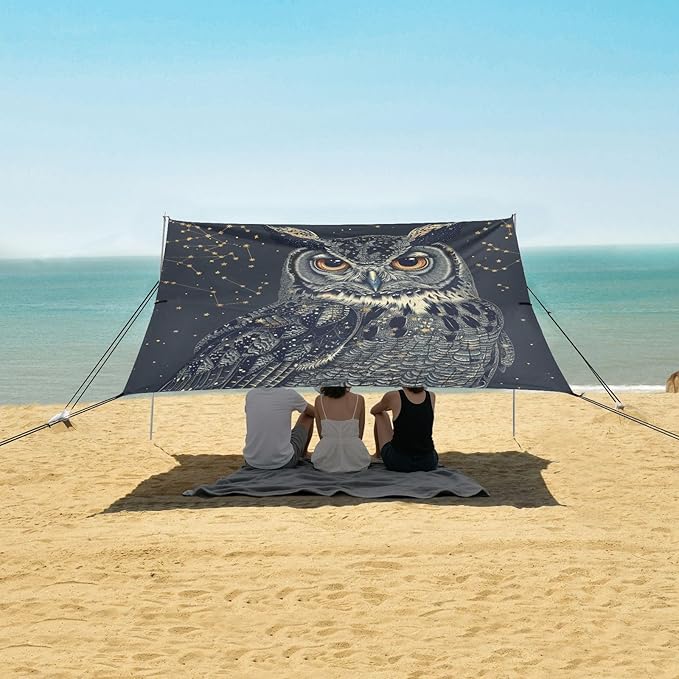 ALAZA Cute Starry Owl Beach Tent Sun Shelter Portable Canopy Sunshade for Outdoor Camping Picnics Backyard Fun 10x9 ft