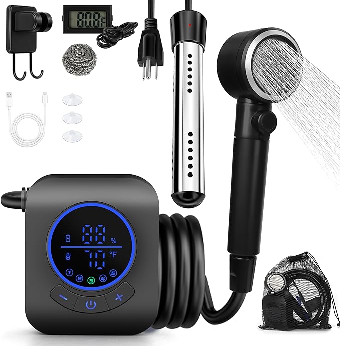 Portable Shower with Water Heater–Camping Shower Pump with 8000mAh Battery 5-Speed Settings LCD Display 6L/min IPX8–Portable Shower Head for Camping Hiking Car Pets