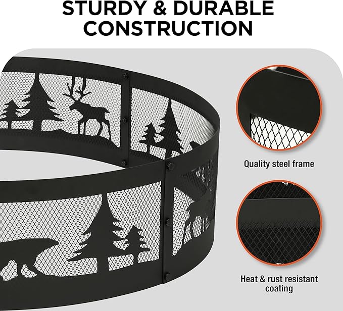 Red Mountain Valley 36 Inch Fire Pit Ring with 360° Forest &amp Wildlife Design Portable Steel Wood Burning Firepit Ring for Outdoor Camping Bonfires BeachPatio fire Pit kit Black