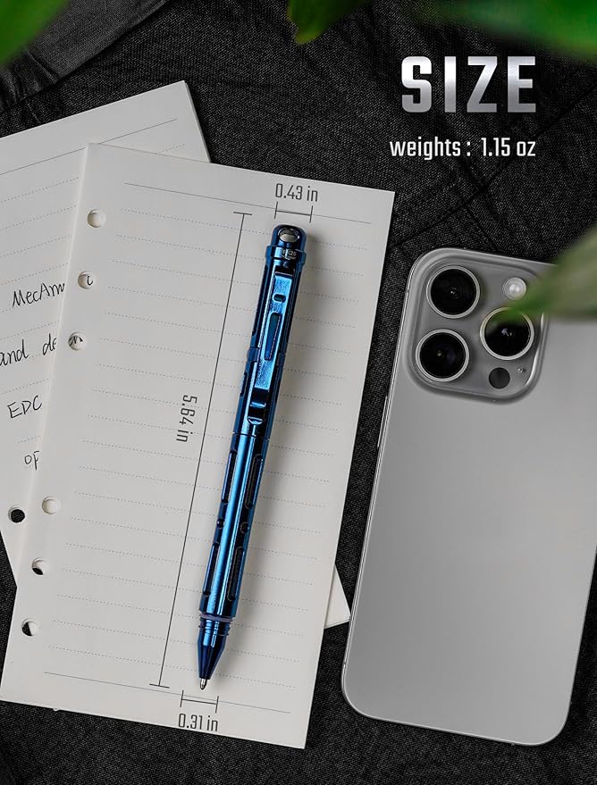 MecArmy TPX25 Titanium Luxury Pen Edc Keychain Pen with Unique Anti-Tilt Shell Fluorescent Bar Pocket Clip for Office Writing Waterproof Multitool with Glass Breaker for Emergency gifts (PVD Blue)