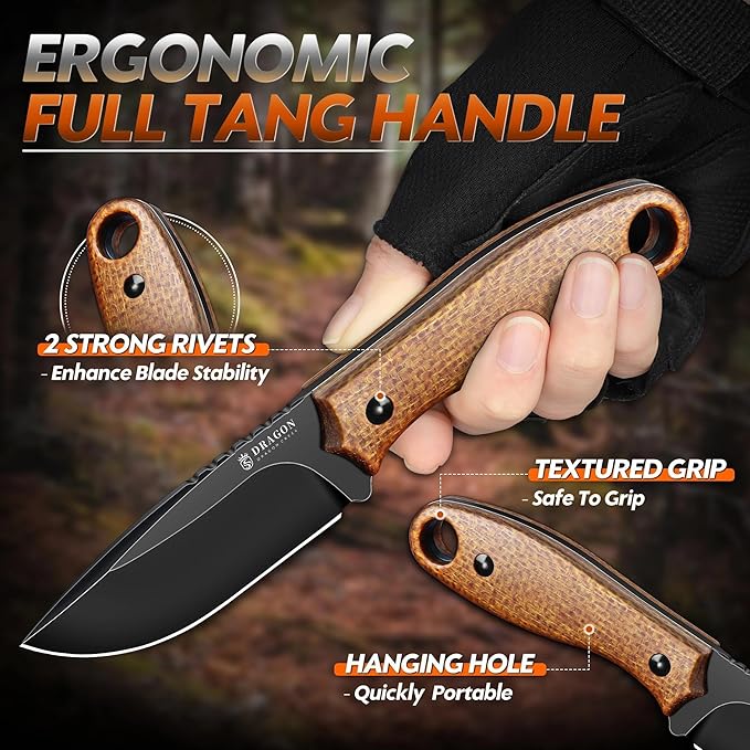 Dragon Creek Fixed Blade Knife - D2 Steel Small Pocket Knife with Adjustable Kydex Sheath for Survival Camping Hiking Birthday Gift Men Brown