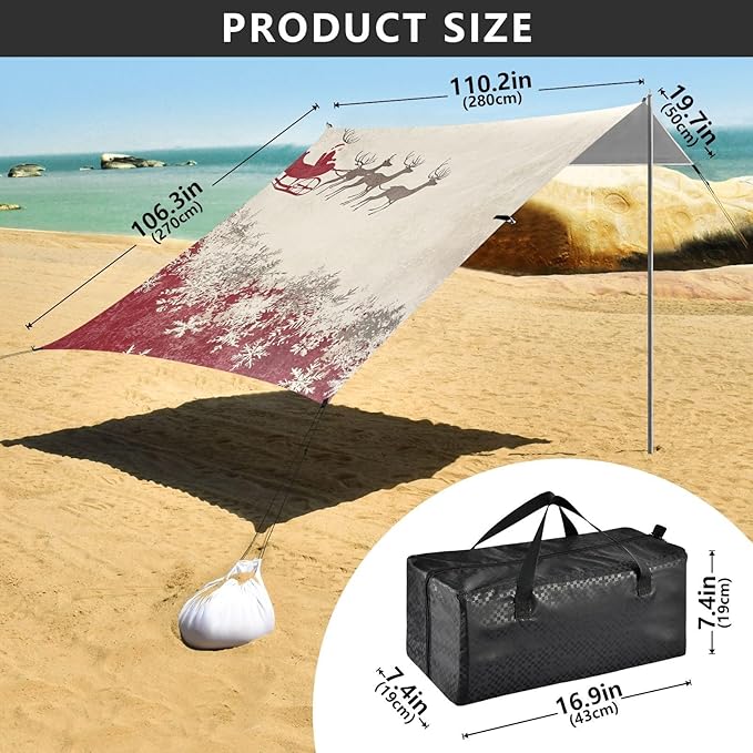 Vintage Elk Santa Claus Snowflake Beach Cabana UPF50+ Easy Setup Large Sun Shelter with Sand Shovel Sandbags for Family Trips Picnics &amp Camping