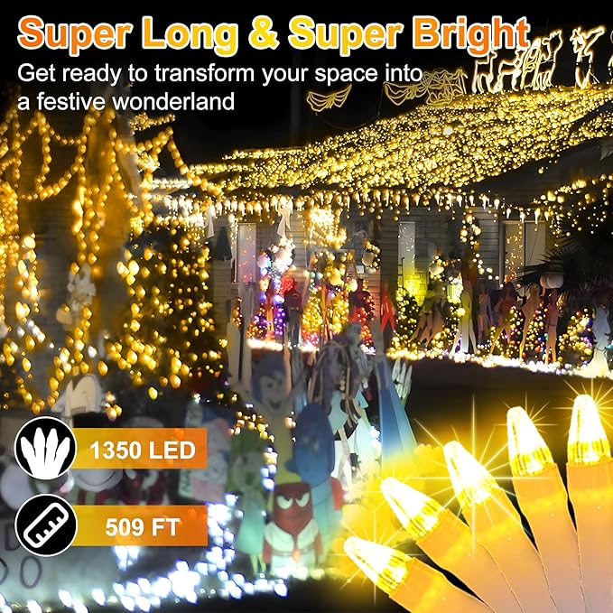 509FT Christmas Lights Outdoor 1350 LED Christmas Tree Decorations Lights with 8 Modes &amp Timer Memory Plug In Clear Wire Waterproof LED Xmas Lights for Yard Trees Wedding Party Holiday (Warm Whit