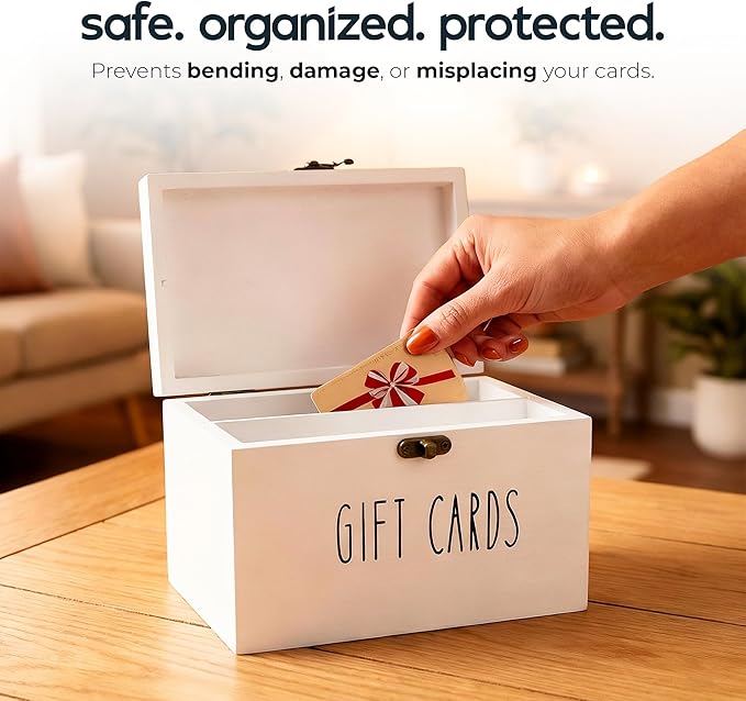 White Wooden Gift Card Holder Storage Box with Secure Metal Latch – Keeps Gift Cards Organized &amp Protected – Elegant Farmhouse Gift Card Organizer