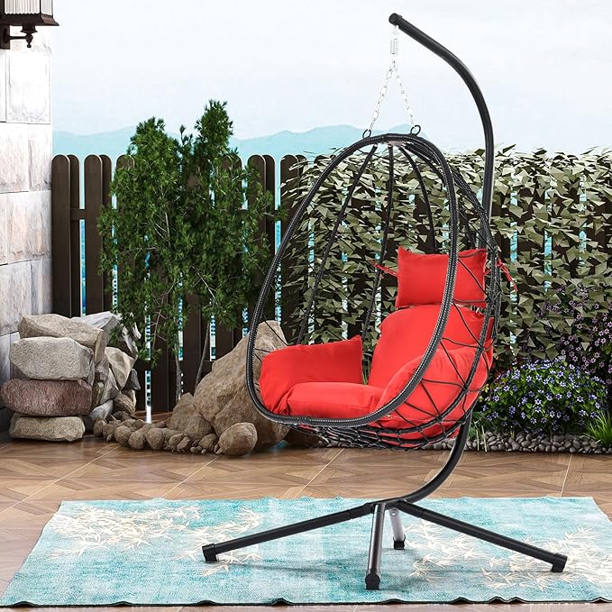 Hanging Egg Chair with Stand Black Wicker Rattan Swing Egg Chair Indoor Outdoor Swing Chair for Patio Balcony Porch Bedroom 350 LBS Capacity (Red)