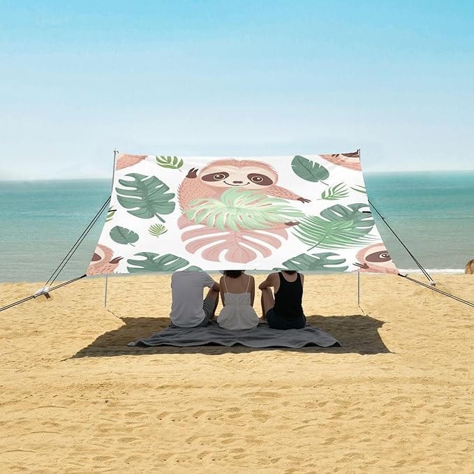 ALAZA Cute Sloth and Palm Leaves Seamlee Beach Tent Sun Shelter Portable Canopy Sunshade for Outdoor Camping Picnics Backyard Fun 10x9 ft