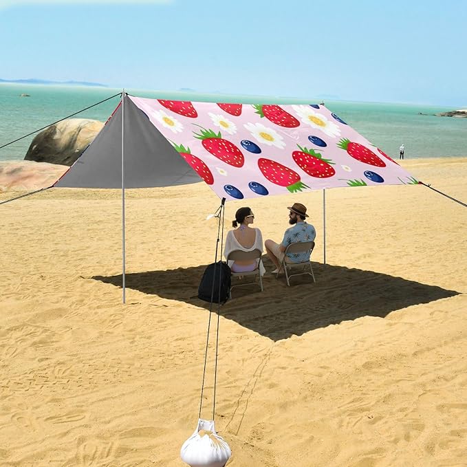 xigua Strawberries Beach Tent Sun Shelter with Carrying Bag - Silver Coated Oxford Fabric Beach Canopy for Beach Camping Fishing - Includes Windproof Ropes Sandbags &amp Stakes