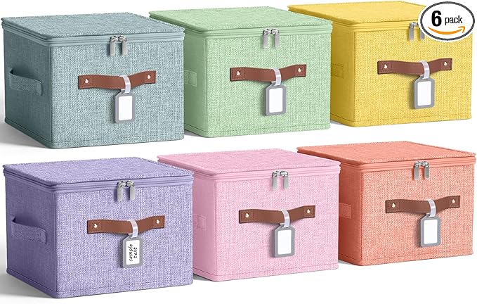 6 Pack Fabric Closet Storage Bins with Zipper Lids and Label 10×8×7In Large Foldable Cotton Linen Storage Cubes with Leather Handles for Nursery Pink Purple Blue Green Yellow Orange