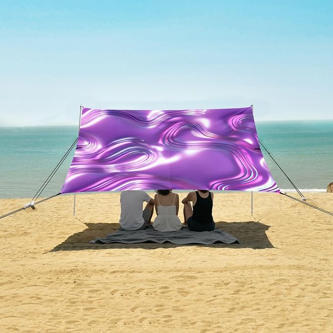 Beach Canopy with Windproof Ropes &amp Sandbags Beach Tent Sun Shade Sun Shelter for Camping Trips Fishing Backyard Fun or Picnics Purple Texture