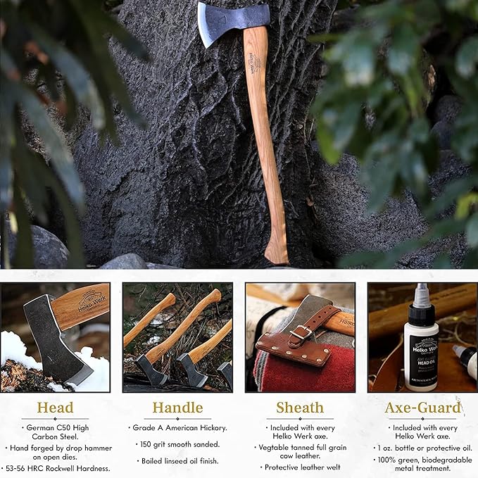 1844 Helko Werk Germany Traditional Hessen Woodworker Axe - Made in Germany Hand Forged Felling Axe and Cutting Axe Forest Axe for Felling Tree - Head 2-3/4 lbs Handle 28 in. (Hessen) #13563