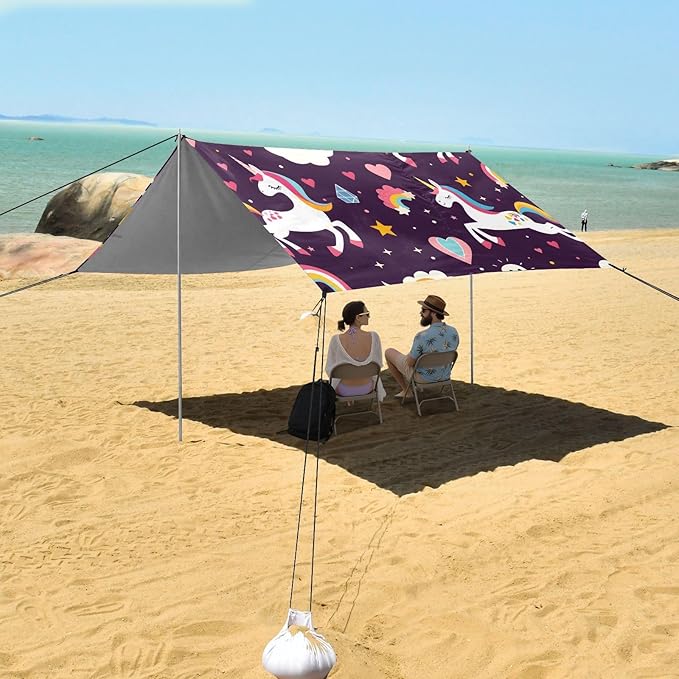 ALAZA Unicorn Decorated Rainbow Pattern Beach Tent Sun Shelter Portable Canopy Sunshade for Outdoor Camping Picnics Backyard Fun 10x9 ft