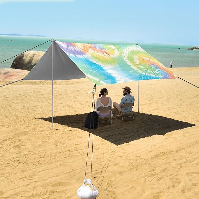 Lightseagreen Tie-dye Background Vibrant Colors and Swirling Patterns Tie-dye Pattern Beach Tent UPF50+ Water-Resistant Portable Sun Shelter with Sturdy Poles Sandbags and Shovel for Camping