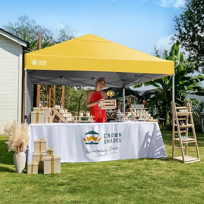 CROWN SHADES 8x8 Pop Up Canopy with 1 Side Wall - Beach Tent with One Push Setup - Outdoor Sun Shade for Events Parties Camping - Gazebo with STO-N-Go Cover Bag (Yellow)
