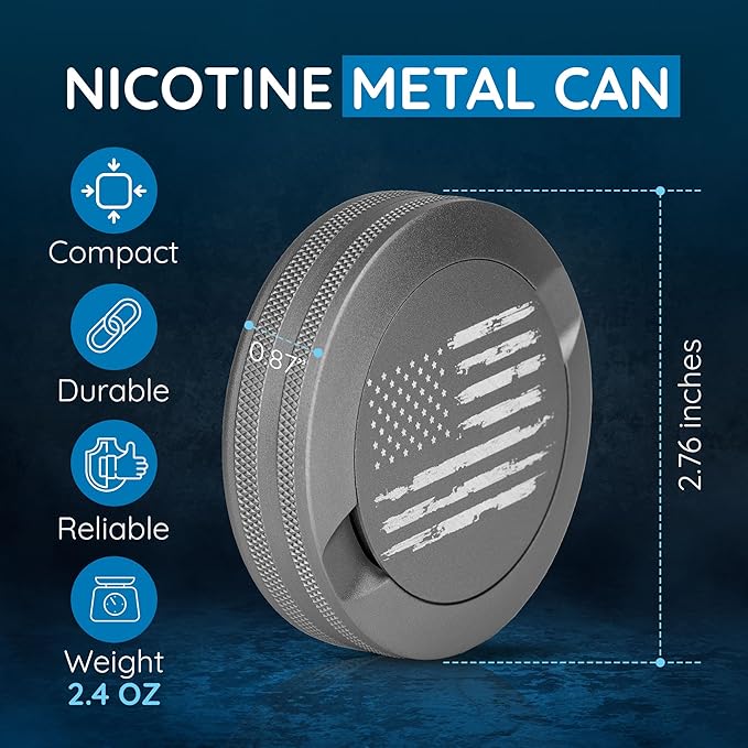 Premium Nicotine Pouch Container | Zyn Metal Can | Moisture &amp Odor Proof Snus Can | Zyn Accessories | Laser Engraved American Flag Design (Gunmetal Gray)