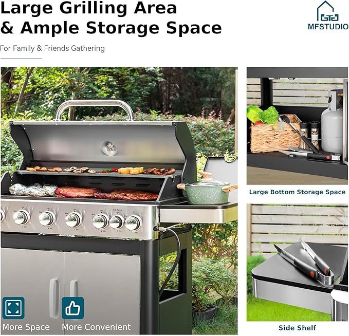 MFSTUDIO 6-Burner Propane Gas Grill Stainless Steel BBQ Grill with Side Burner and Porcelain-Enameled Cast Iron Grates High Output Gas BBQ Grills for Barbeque and Outdoor Cooking
