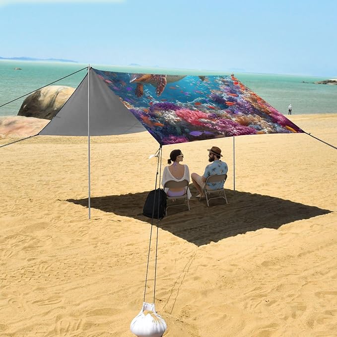 ALAZA Sea Turtle Undersea World Beach Tent Sun Shelter UPF50+ Protection Beach Shade Canopy w/ 4 Sandbags for Outdoor Camping Fishing Backyard Fun Picnic 10x9 ft