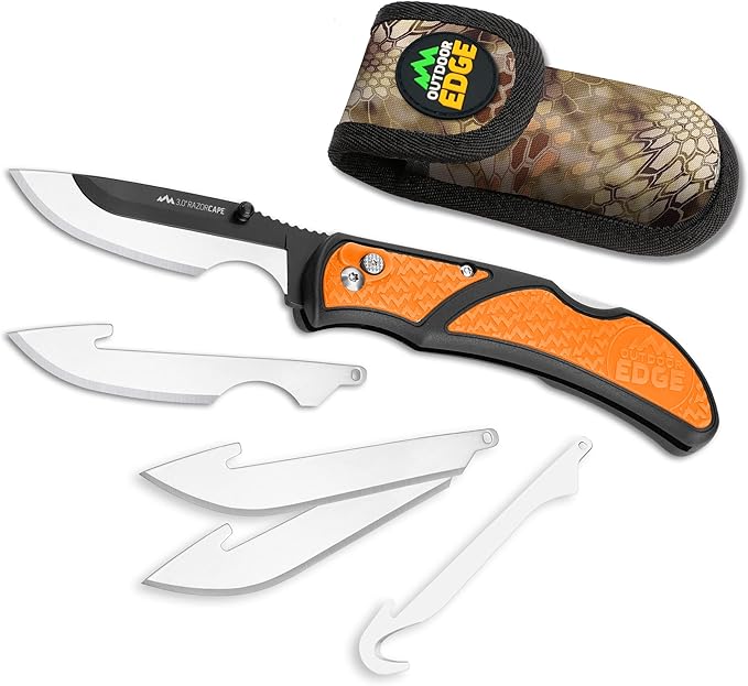 OUTDOOR EDGE 3 RazorCape Pocket Knife with Replaceable Blades and Clip. The Perfect Folding Compact Hunting Knife for Caping &amp Skinning Deer. (Orange)