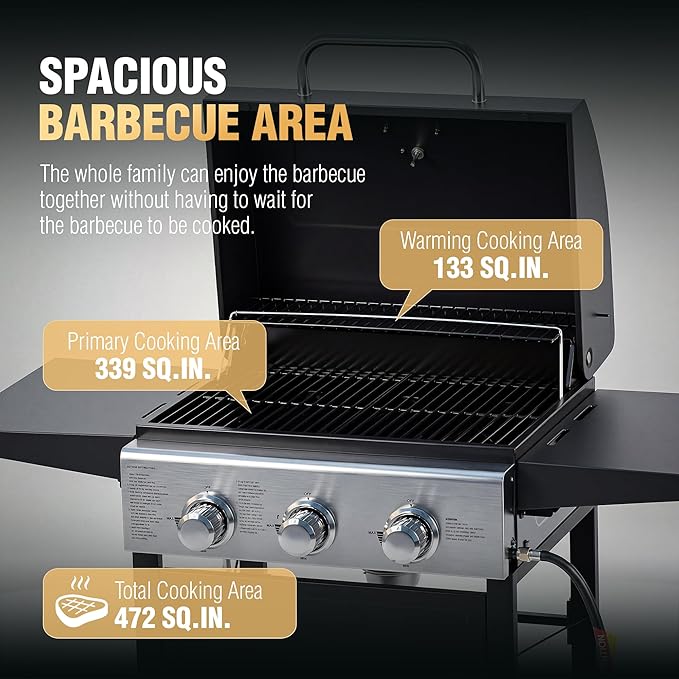 MASTER COOK 3 Burner BBQ Propane Gas Grill 472 Sq. In. Cooking Area 30000 BTU Stainless Steel Barbecue Grill with Two Foldable Shelves for Outdoor Patio Backyard