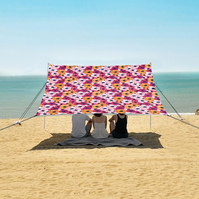 ALAZA Anemone Flower Floral Beach Tent Sun Shelter UPF50+ Protection Beach Shade Canopy w/ 4 Sandbags for Outdoor Camping Fishing Backyard Fun Picnic 10x9 ft