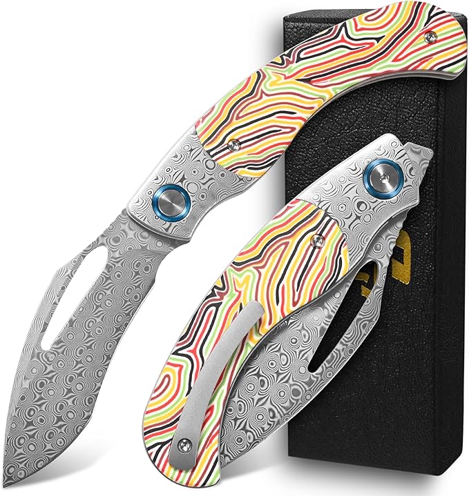 Sitivien ST270 Folding Knife Damascus Steel Blade Colorful G10 &amp Damascus Handle with Ball Bearing for Men Women Outdoor Camping Hiking Fishing(Yellow)