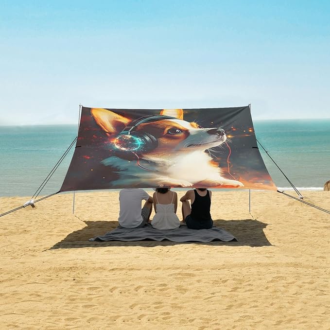 ALAZA Corgi Wearing Headphones Beach Tent Sun Shelter Portable Canopy Sunshade for Outdoor Camping Picnics Backyard Fun 10x9 ft