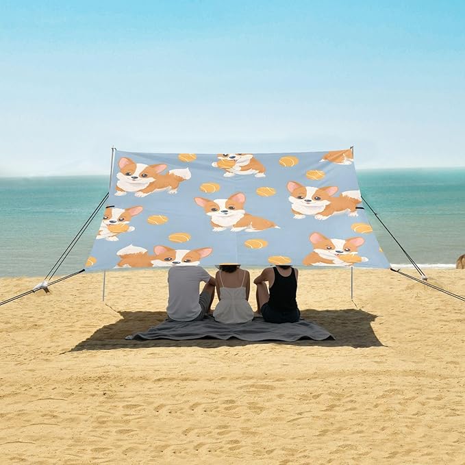 ALAZA Corgi Dog Ball Pattern Beach Tent Sun Shelter Portable Canopy Sunshade for Outdoor Camping Picnics Backyard Fun 10x9 ft