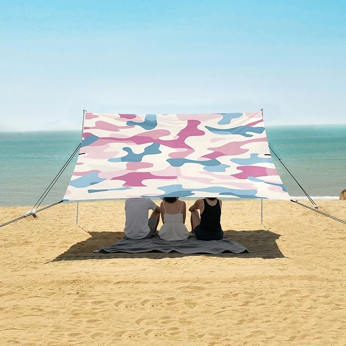 Powder Blue Foldable Beach Canopy UPF50 Lightweight Portable Sun Shelter with Sturdy Poles Sandbags and Shovel for Family Trips Picnics &amp Camping