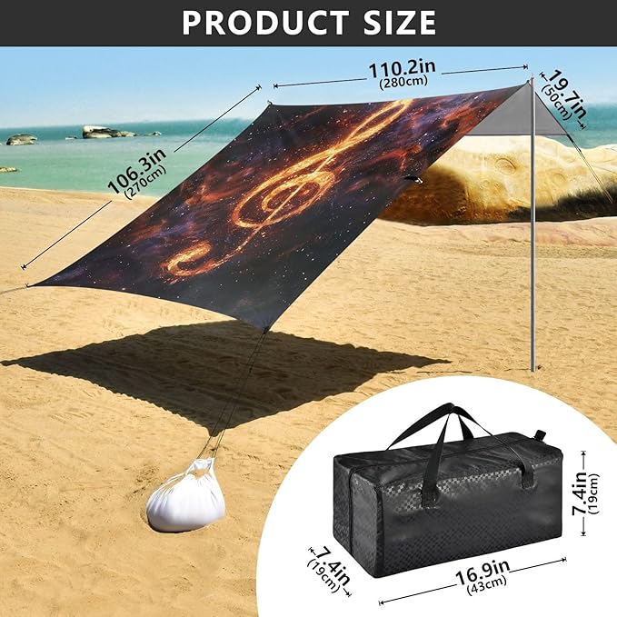 ALAZA Fire Music Clef in Space Beach Tent Sun Shelter Portable Canopy Sunshade for Outdoor Camping Picnics Backyard Fun 10x9 ft