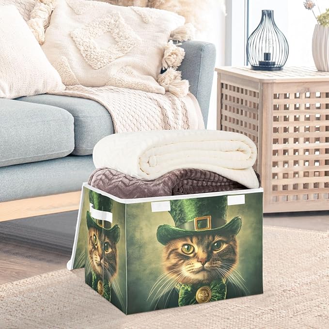 Storage Cube with Lid Saint Patrick’s Day Cat Print 16.5×12.6×11.8 IN Collapsible Large Capacity Foldable Storage Basket Bin Organizer