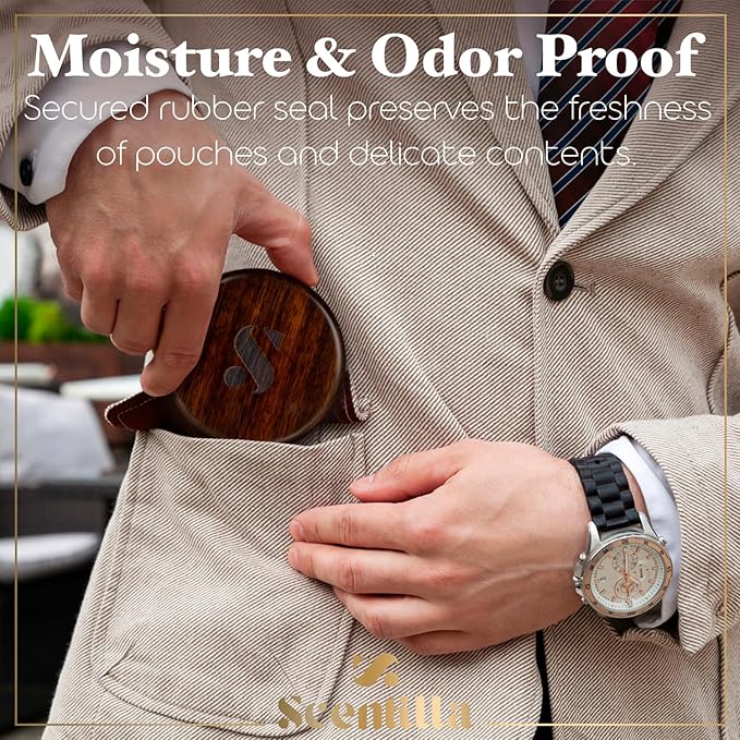 Luxury Real Teak Wood &amp Metal Pouch Container - Premium Pouch Can &amp Holder - EDC Storage Tin - Gift for Men Husband Boyfriend - Odor &amp Moisture Proof - with Gift Box &amp Velvet Bag