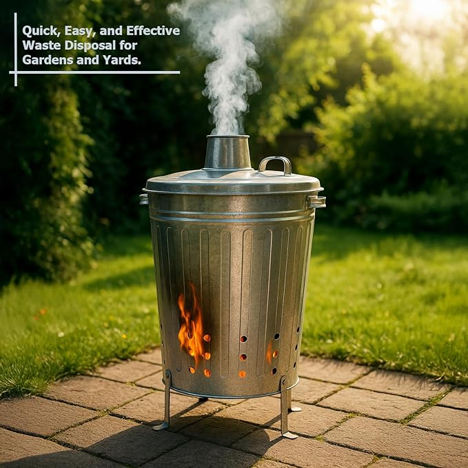 Gardenised Silver Galvanized Steel Outdoor Incinerator Can Large Garden Waste Burner Bin with Lid Ventilation Holes &amp Raised Legs for Yard Patio Backyard Leaves Paper and Household Debris