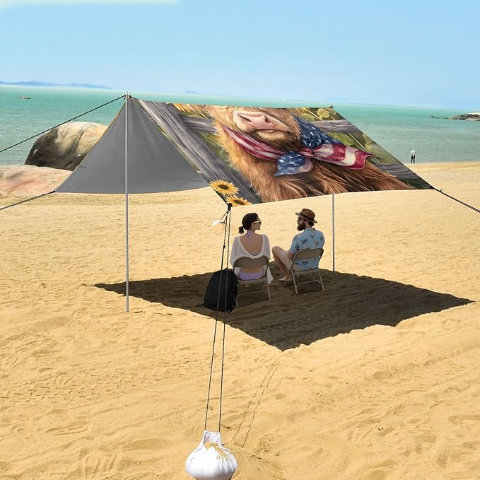 ALAZA Highland Cattle Sunflowers Wooden Fence Beach Tent Sun Shelter Portable Canopy Sunshade for Outdoor Camping Picnics Backyard Fun 10x9 ft
