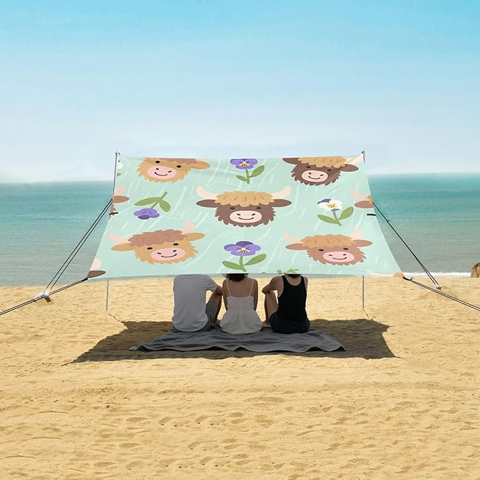 ALAZA Cartoon Highland Cattle Flowers Pattern Beach Tent Sun Shelter Portable Canopy Sunshade for Outdoor Camping Picnics Backyard Fun 10x9 ft