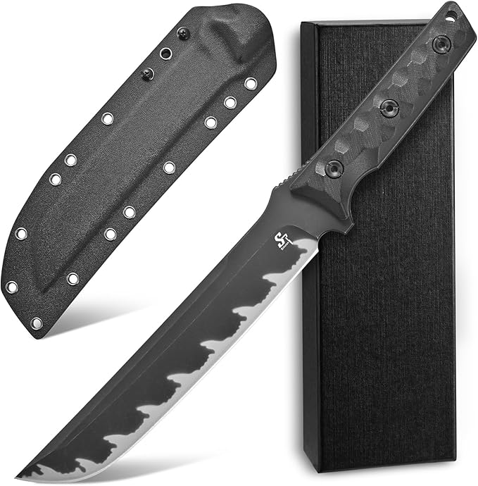 Sitivien ST25 Fixed Blade Knife AUS-10 Black Stonewashed Steel Blade G10 Handle Full Tang EDC Tool Straight Knife for Working Camping Hunting(Black)