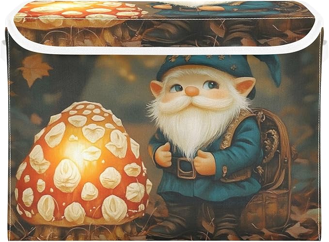 Storage Cube with Lid Gnome and Mushroom Print 16.5×12.6×11.8 IN 1 Pack Collapsible Large Capacity Foldable Storage Basket Bin Organizer