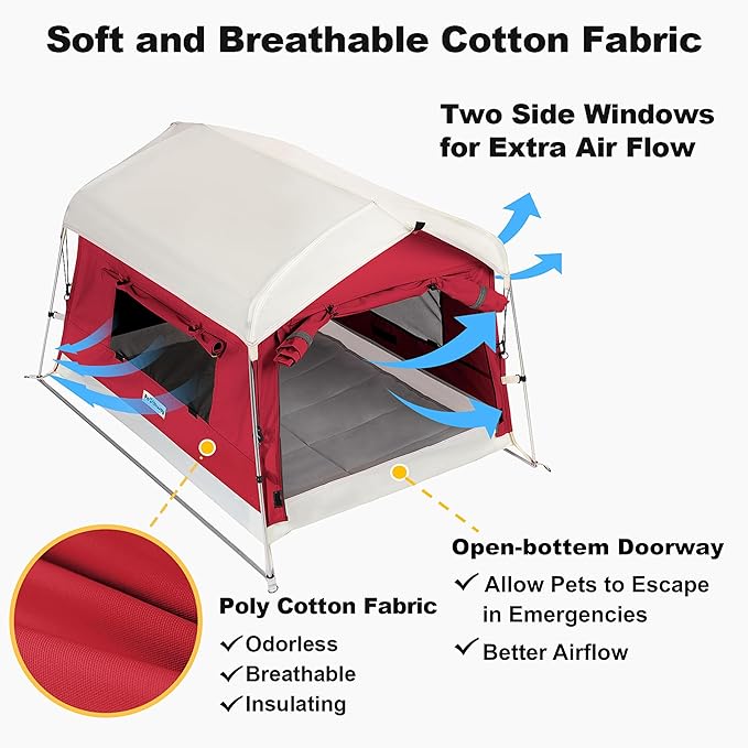 Dog Tent Cotton Fabric Aluminum Poles and Camping Mat Outdoor Weatherproof Dog House Outdoor Breathable with 2 Side Windows Portable and Collapsible (Red Large)