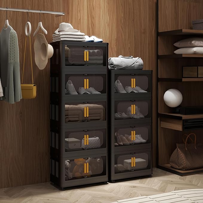 24 Side Wide Folding Storage Cabinet - Black 4-Tier Collapsible Storage Bin with Magnetic Door and Wheels for Living Room Kitchen Bedroom Garage
